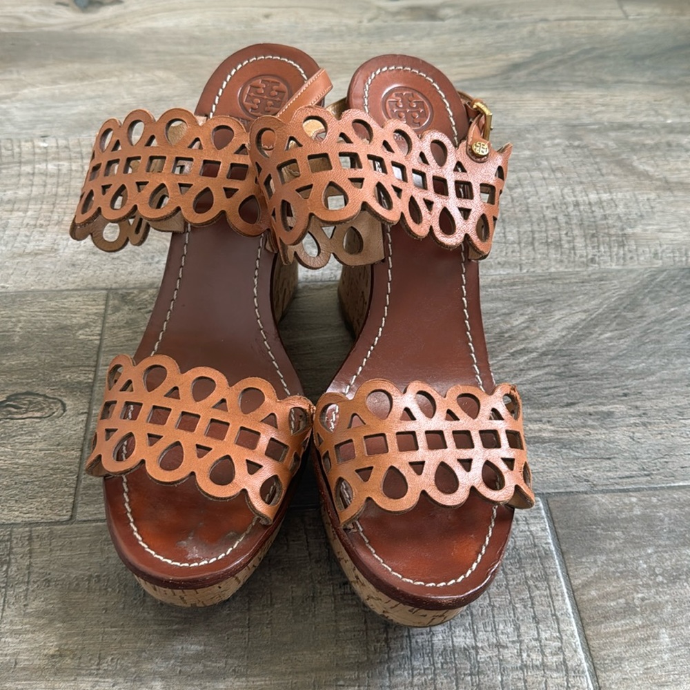 Tory Burch perforated brown cork wedge sandals. Size 11.